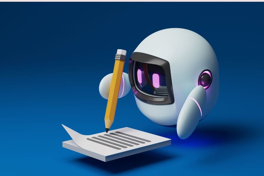 Student working on laptop with AI assistant for essay writing
