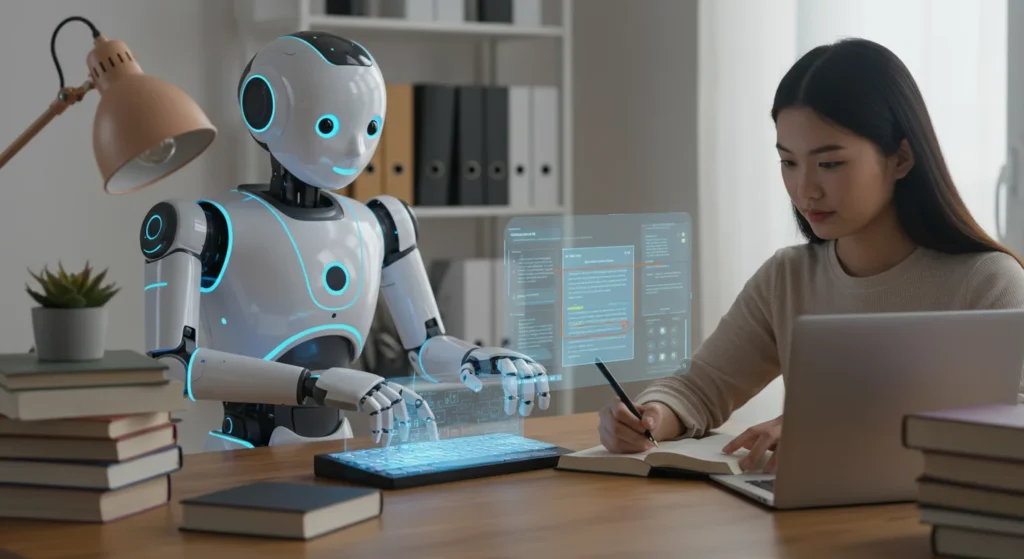 Person writing with AI assistance on laptop