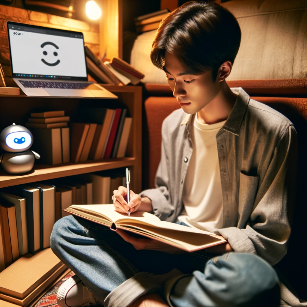 Yomu A student sitting in a cozy corner with a notebook and a laptop, surrounded by books, and Yomu's logo as a friendly writing assistant.