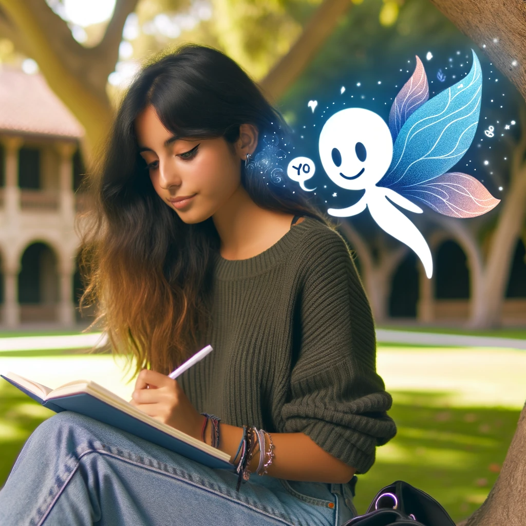 Yomu An image of a student at a park, under a tree, writing in a notebook with Yomu's logo as a creative muse whispering ideas into their ear.