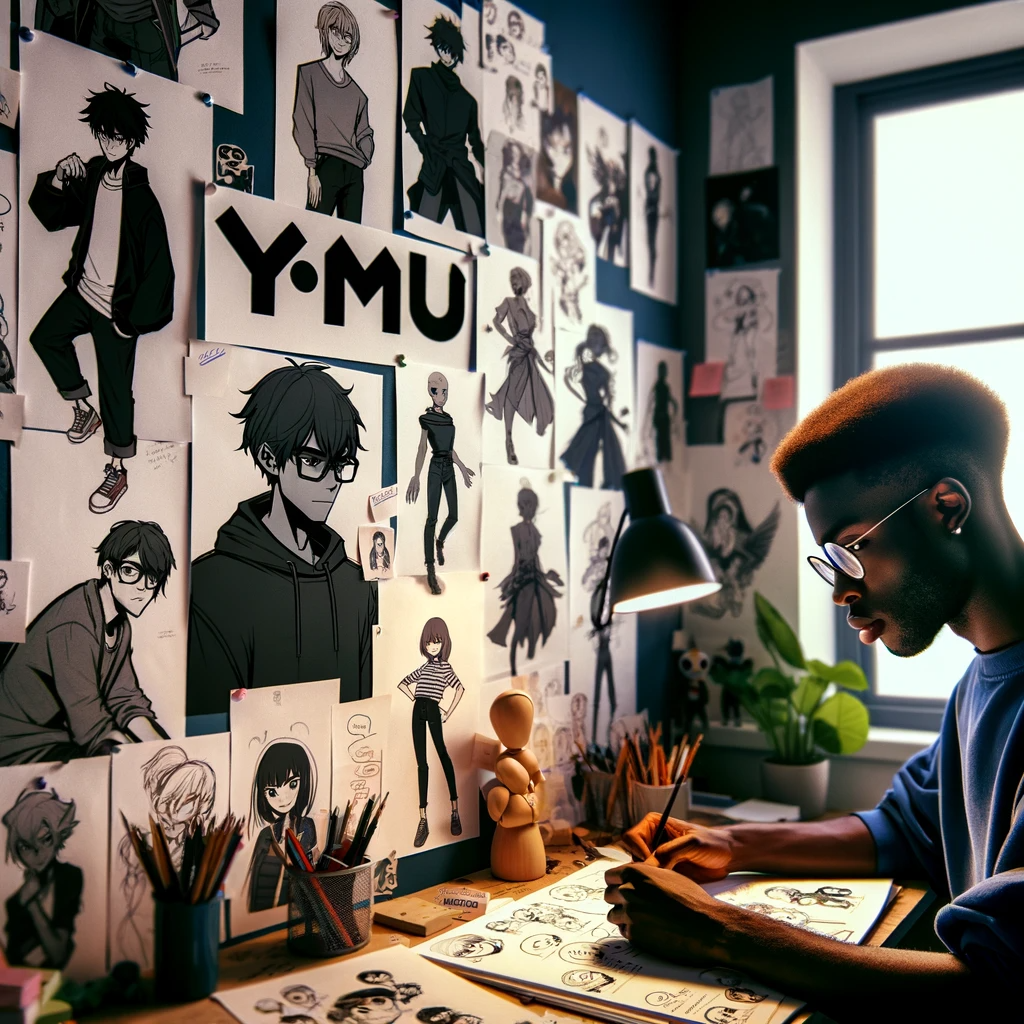 Yomu An image of a student surrounded by character sketches, with Yomu's logo as a character development mentor, assisting in character design.