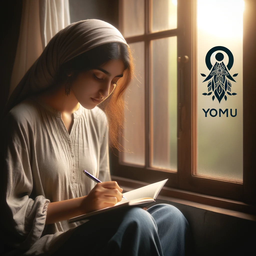 An image of a student sitting by a window with a notebook, penning down poetry, with Yomu's logo as a poetic mentor offering guidance.