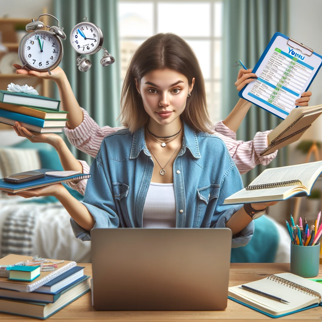 A busy college student juggling multiple tasks while using Yomu as a helpful time-saving companion.