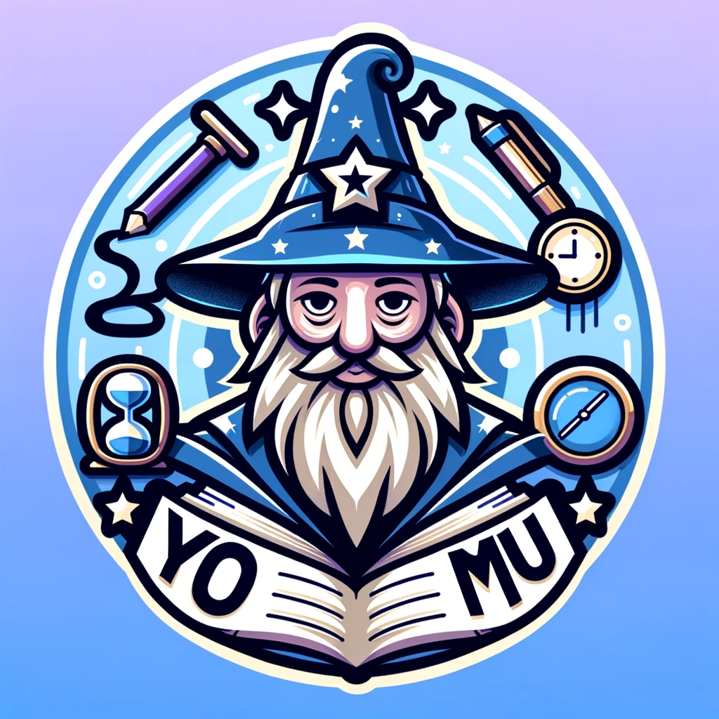 Yomu's logo, the writing wizard, ready to assist the student in their time management journey.