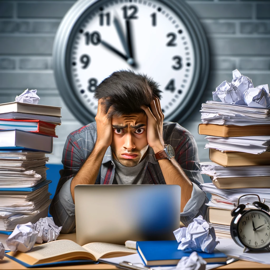 A stressed college student surrounded by stacks of assignments and a ticking clock, representing the time crunch in college life.