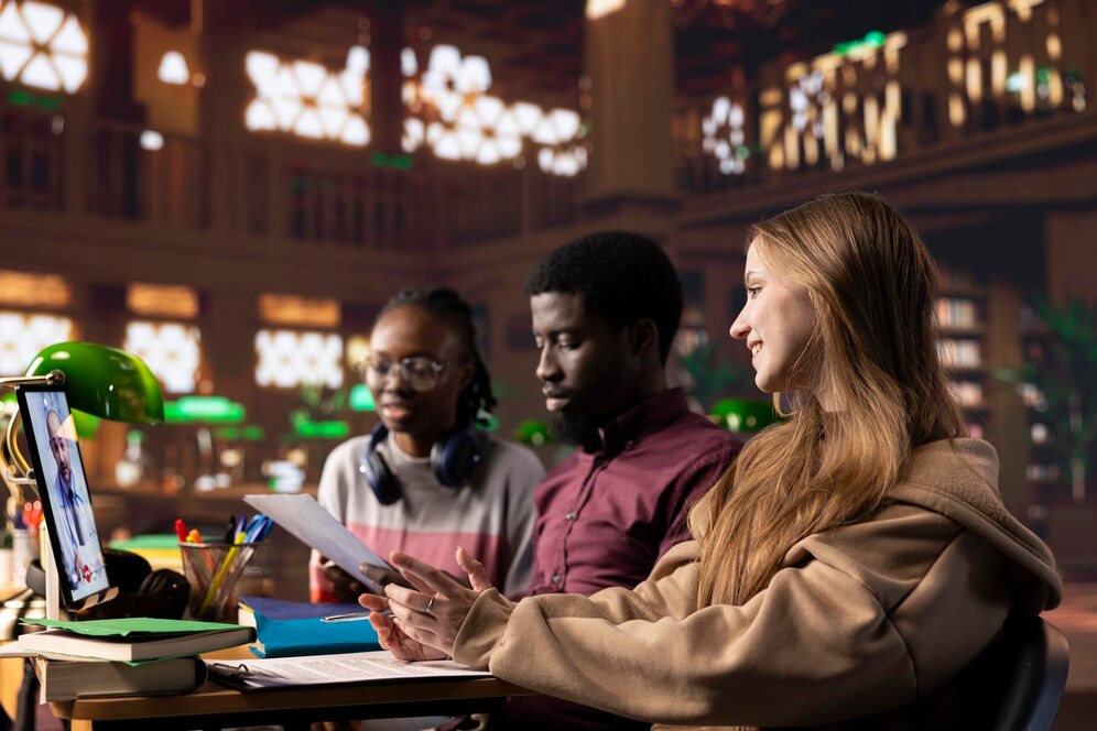 Diverse researchers using AI writing tools on laptops and tablets with digital text generation visualization