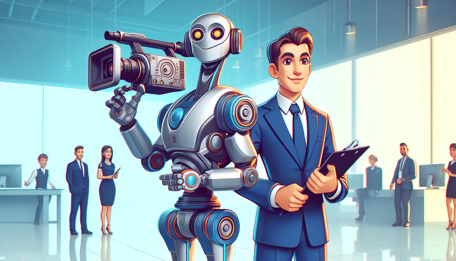 Journalist working with AI technology in a modern newsroom