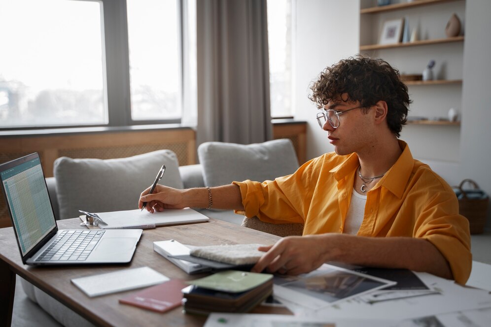 Student using laptop with AI interface for research paper